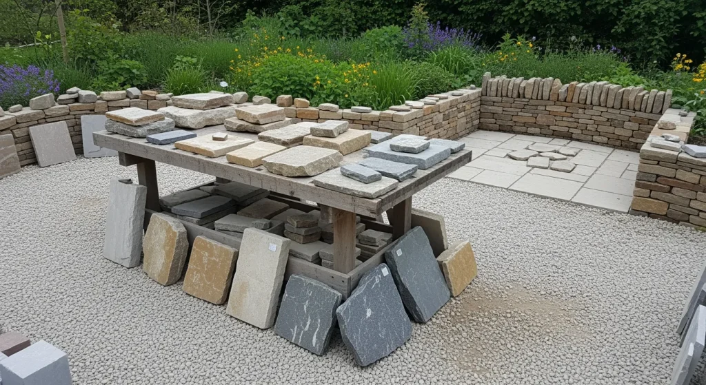 Table d’échantillons de pierres pour muret avec pan de mur