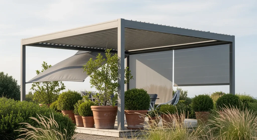 Pergola alu en bord de mer avec lames inclinées et écran latéral