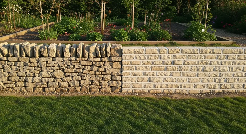 Comparaison mur pierre sèche et mur maçonné côte à côte