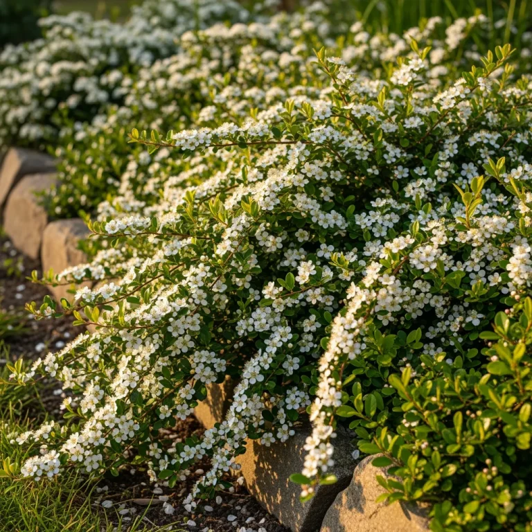 Cotoneaster rampant en fleurs sur un talus ensoleillé