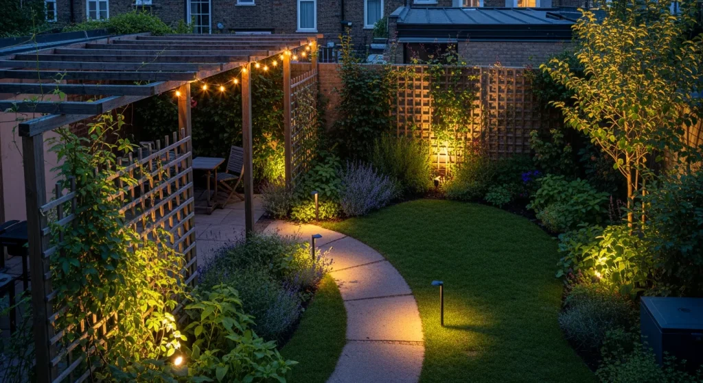 Chemin balisé et guirlandes chaudes dans un petit jardin