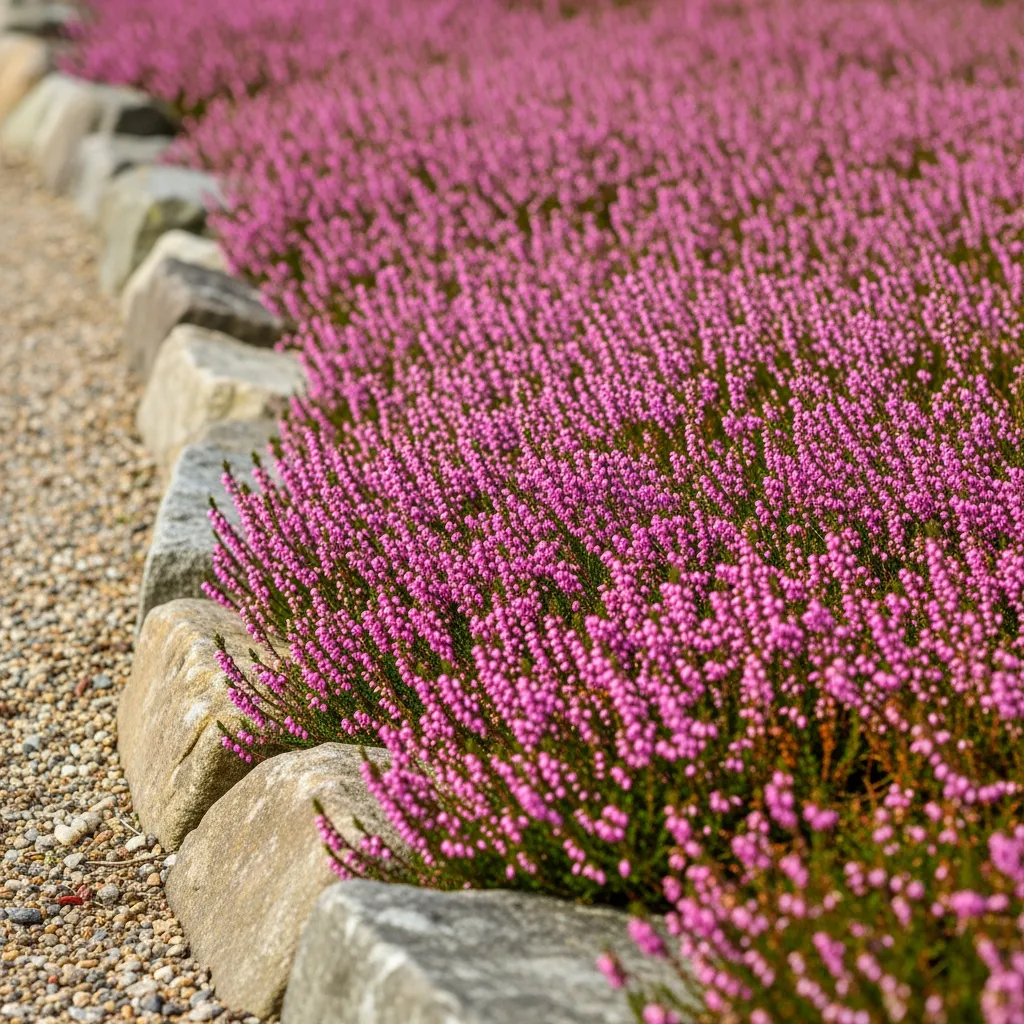 Tapis de bruyère d’hiver aux petites fleurs roses
