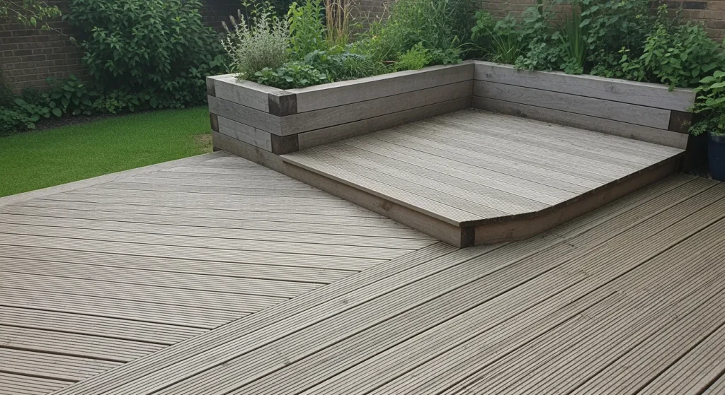 Estrade basse et lames de terrasse en diagonale