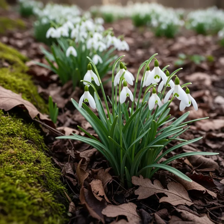 Clochettes blanches de perce-neige au pied des arbres