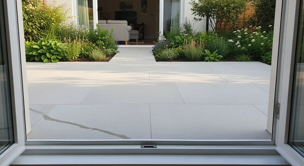 Terrasse en grès cérame clair avec grands formats et joints fins