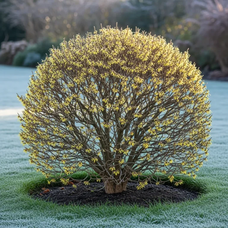 Hamamélis en fleurs rubanées jaunes par grand froid