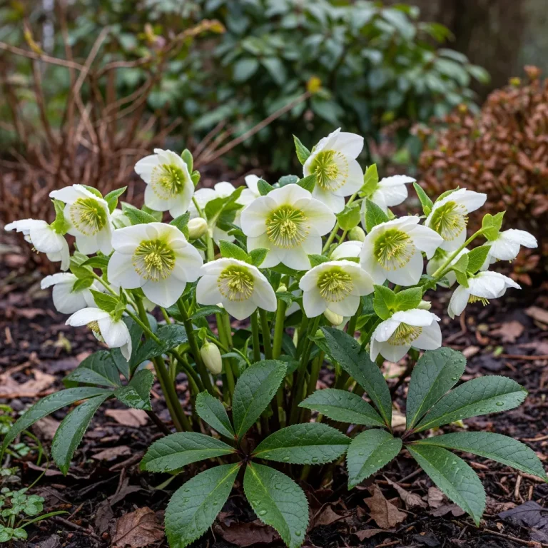 Fleurs blanches d’hellébore et feuillage persistant en hiver
