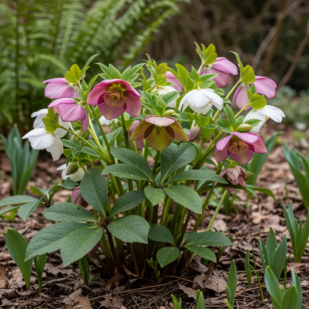 Fleurs d’hellébores rose pâle et blanches en lisière ombragée