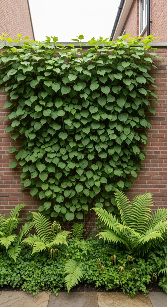 Hydrangea petiolaris couvrant un mur au nord avec feuillage vert lustré