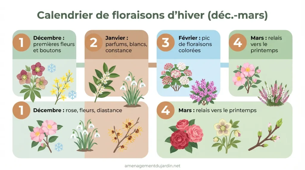 Infographie calendrier des floraisons d’hiver décembre à mars