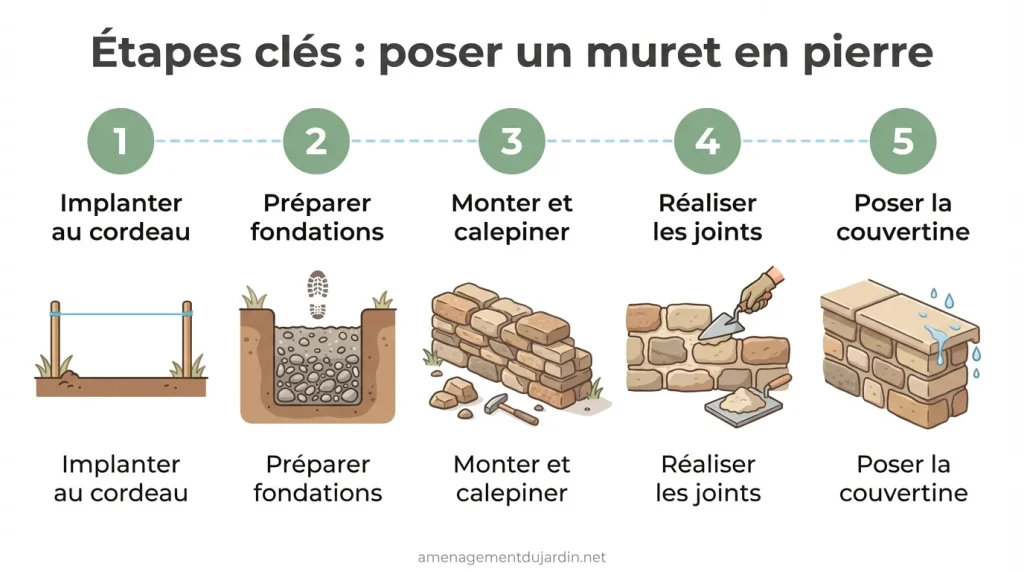 Infographie des étapes clés pour poser un muret en pierre