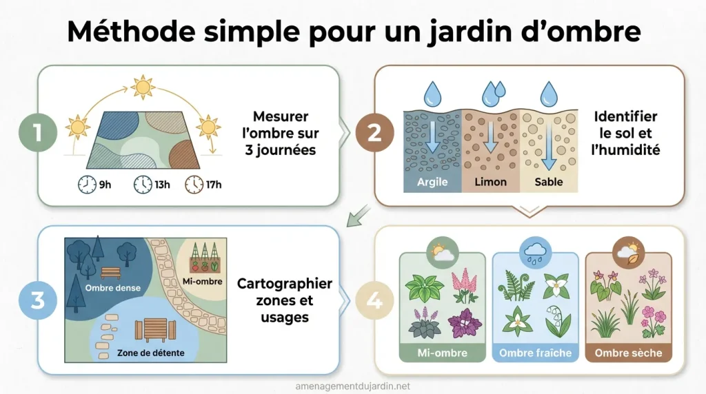 Infographie méthode en 4 étapes pour réussir un jardin d’ombre