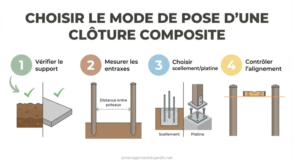 Infographie expliquant support, entraxes, choix de pose et alignement
