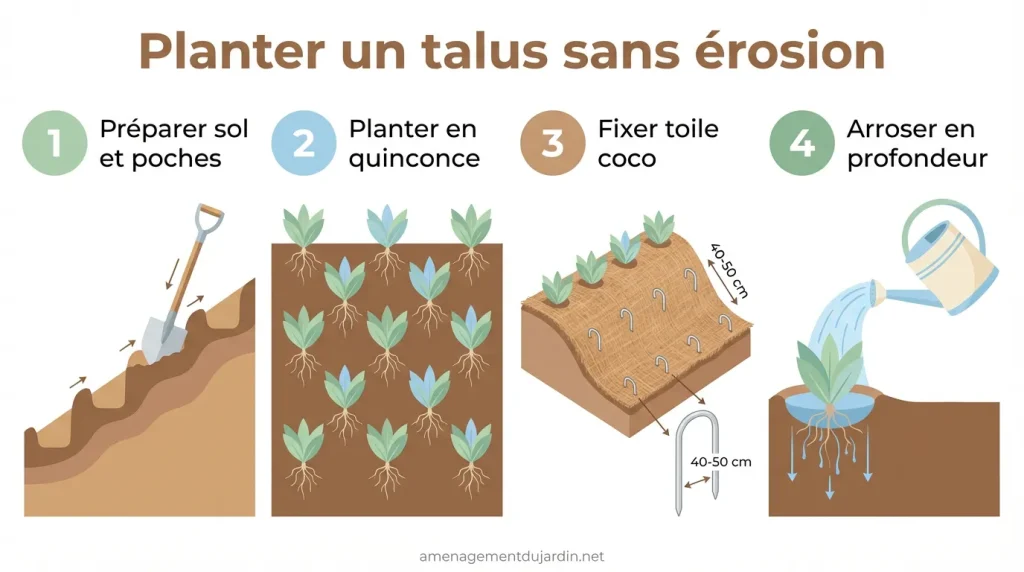 Étapes pour planter un talus en quinconce avec toile coco