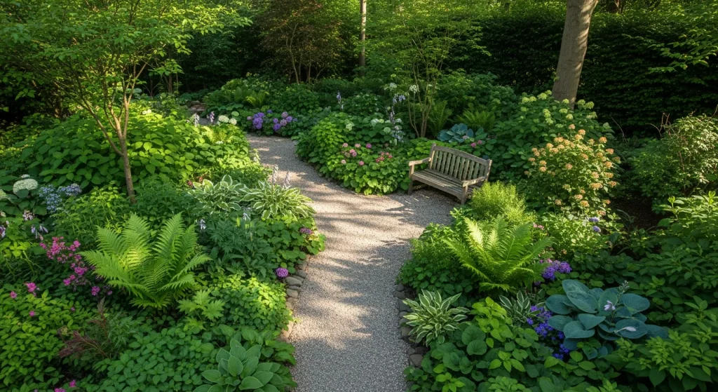 Aménagement d’un jardin à l’ombre avec banc et allée claire