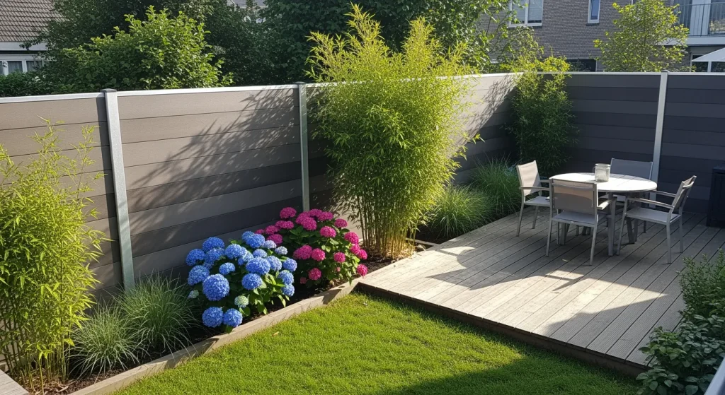 Petit jardin urbain, palissade composite et terrasse bois