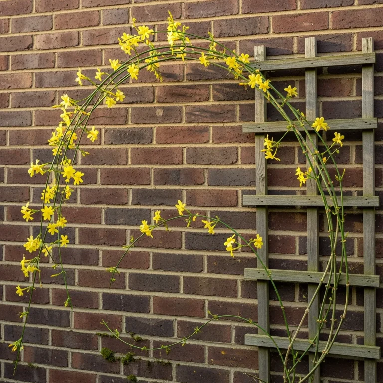 Fleurs jaunes de jasmin d’hiver sur tiges nues palissées