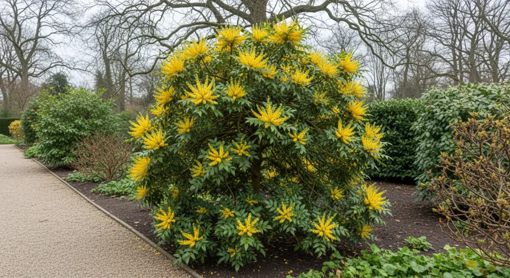 Mahonia en floraison jaune avec feuillage luisant en bordure ombragée