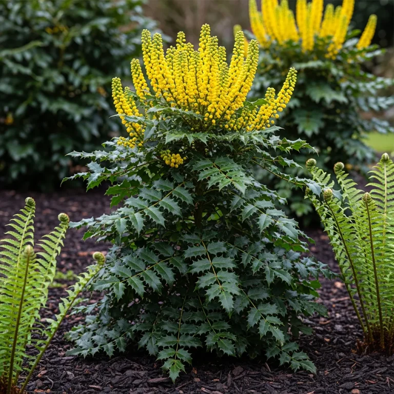 Épis jaunes de mahonia au-dessus d’un feuillage lustré