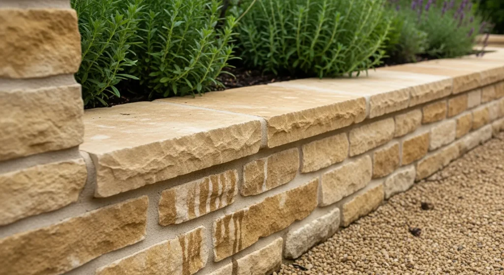 Détail d’un muret calcaire beige doré près d’une allée