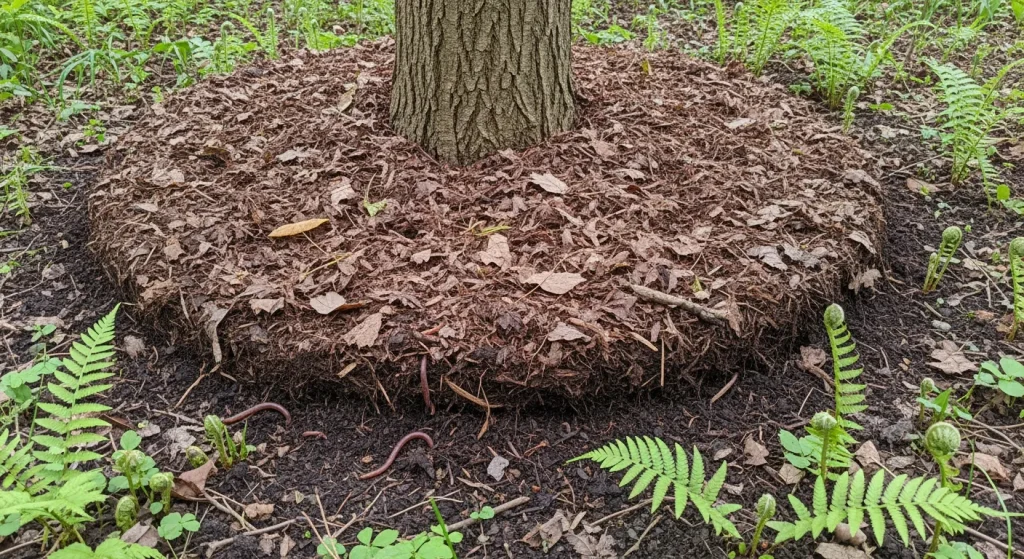 Paillage de compost et BRF sous un érable en zone ombragée