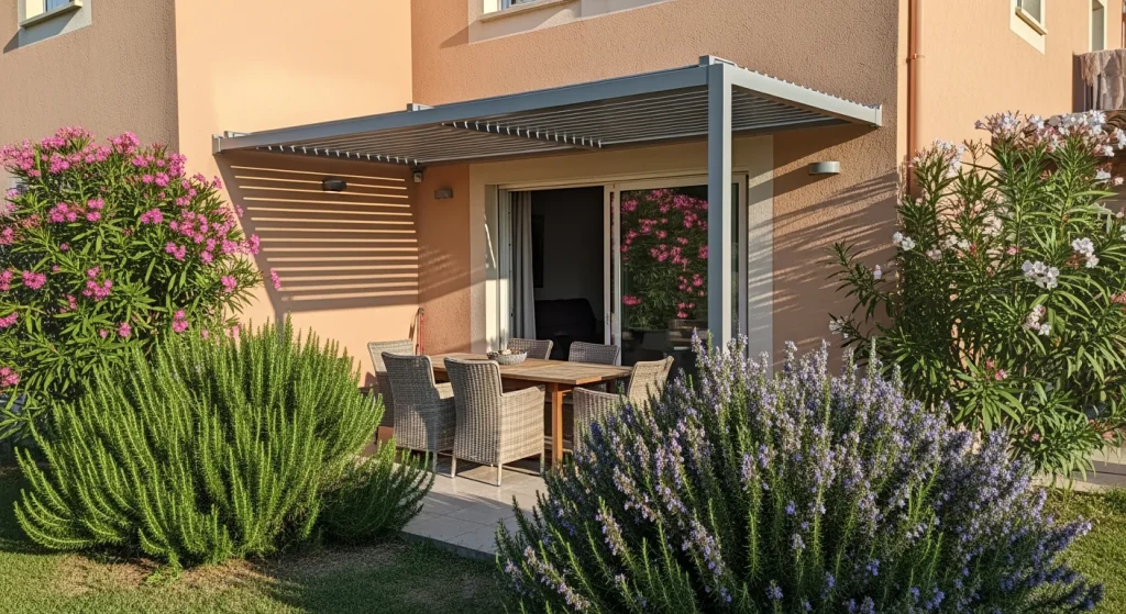 Pergola adossée protégeant les baies vitrées d’une maison