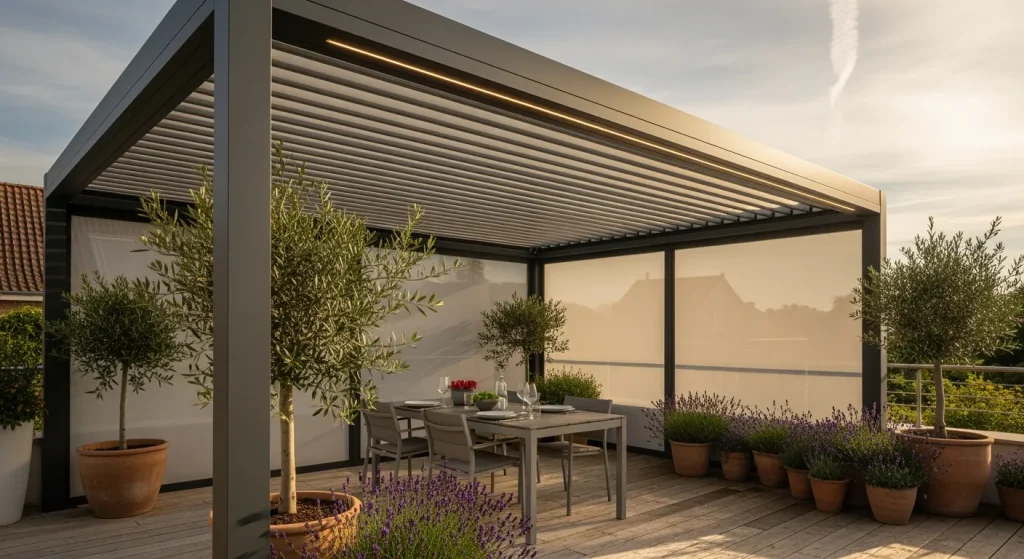 Terrasse méditerranéenne sous pergola bioclimatique, lames entrouvertes, LED et stores zip