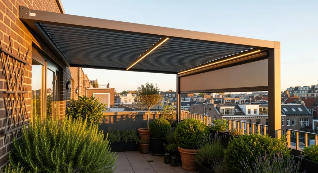 Petite terrasse urbaine avec pergola adossée, stores zip et LED
