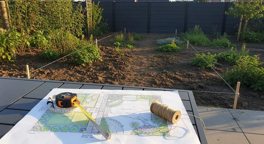 Croquis, mètre ruban et cordeau alignés pour planifier la clôture