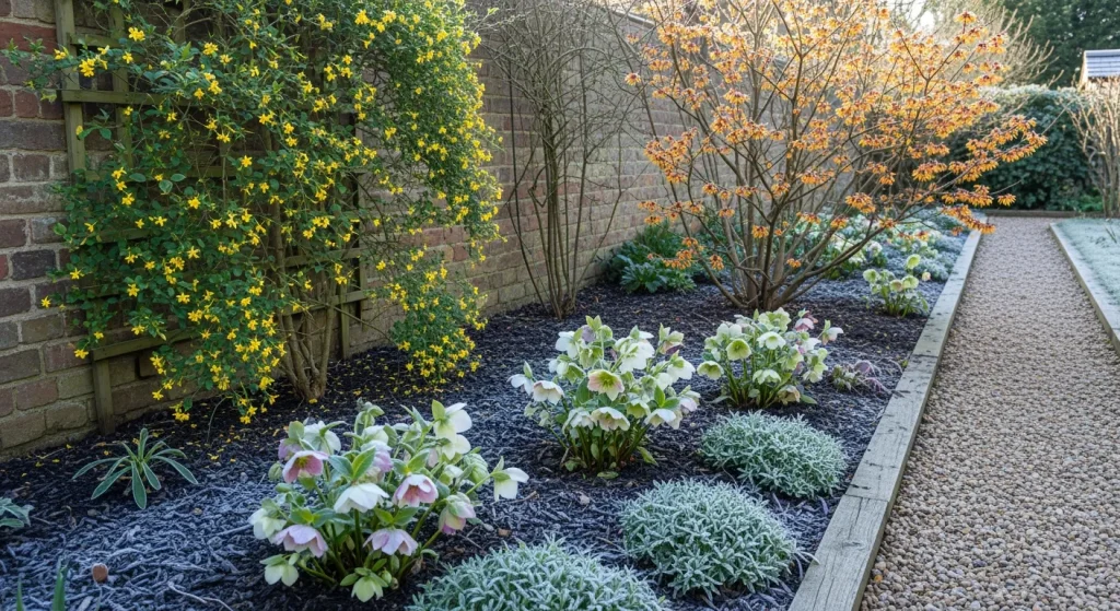 Bordure d’hiver avec hellébores, jasmin et hamamélis en fleurs