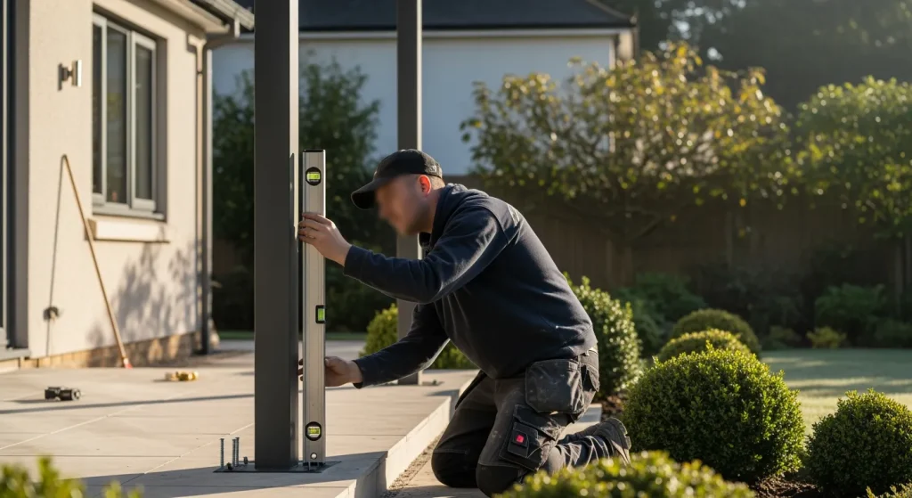 Technicien ajustant un poteau de pergola sur terrasse avec niveau
