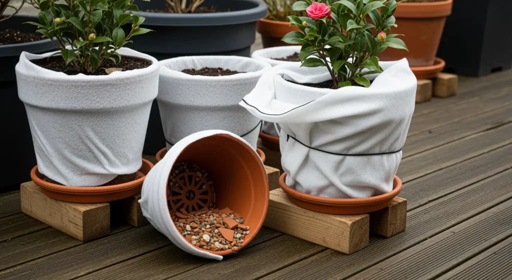 Pots sur cales avec voile d’hivernage et bon drainage