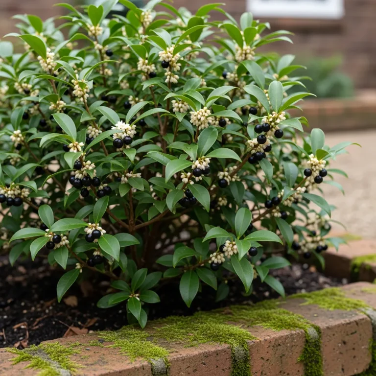 Sarcococca confusa avec fleurs crème et baies noires