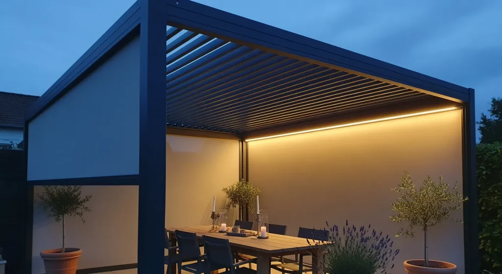 Pergola au crépuscule avec stores zip et éclairage LED chaud