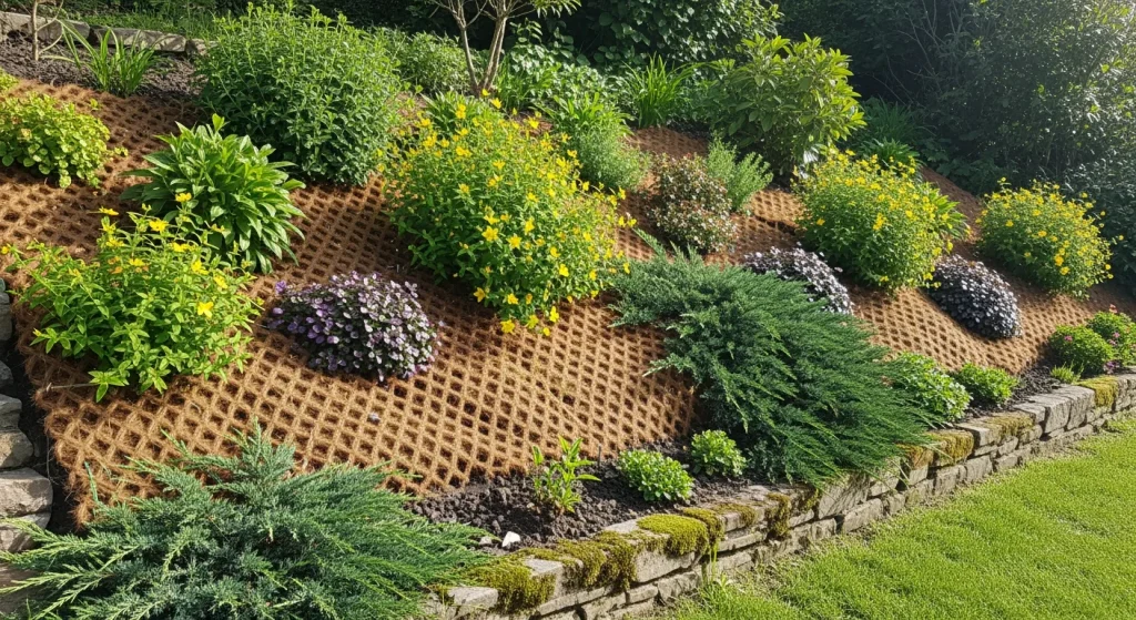Talus planté de couvre-sols et stabilisé avec toile coco