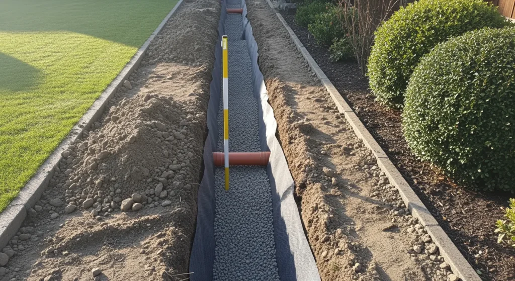 Tranchée avec géotextile, drain et gravier compacté pour muret