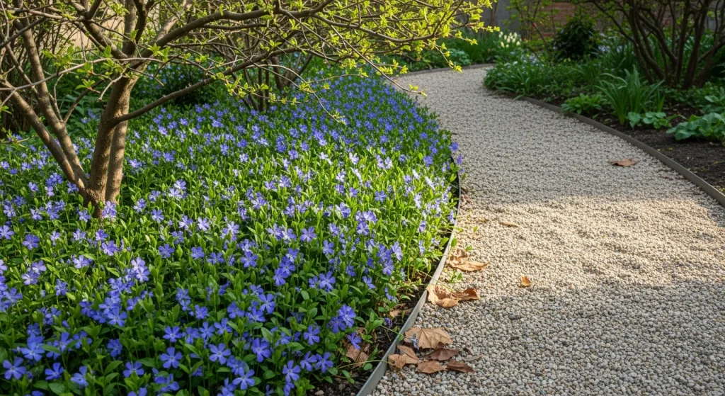 Tapis de pervenche violette bordant une allée claire en sous-bois