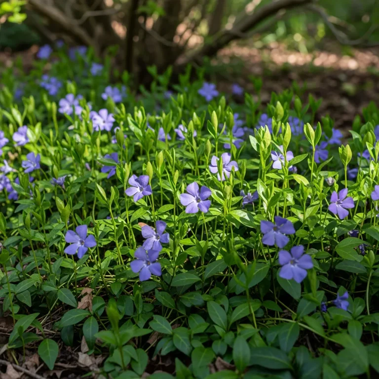 Pervenche en tapis dense avec fleurs bleu violacé à l’ombre