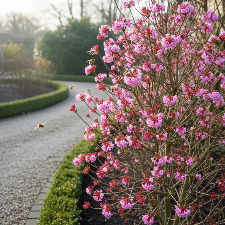 Viorne bodnantense aux fleurs roses sur branches nues