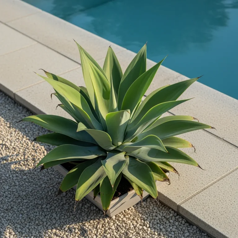 Grande rosette d’agave attenuata vert doux en pot près de la piscine