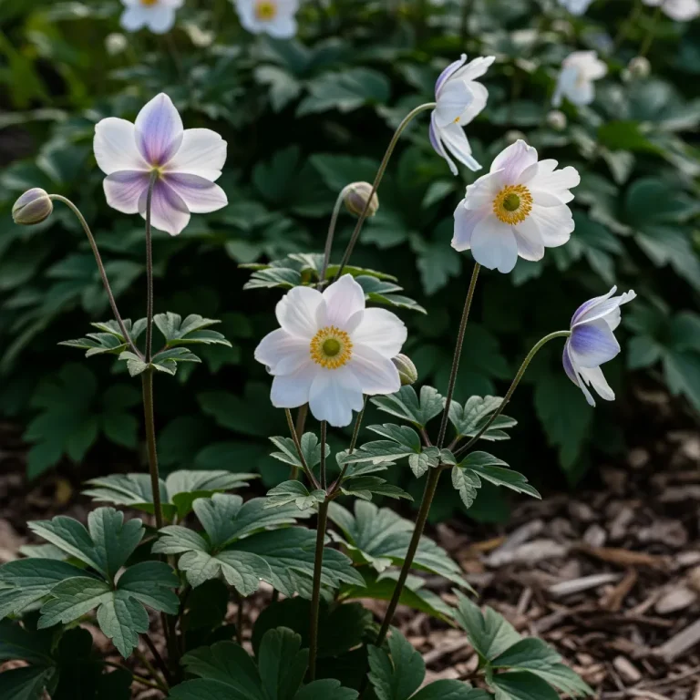 Fleurs blanches d’anémone avec revers bleu en mi-ombre