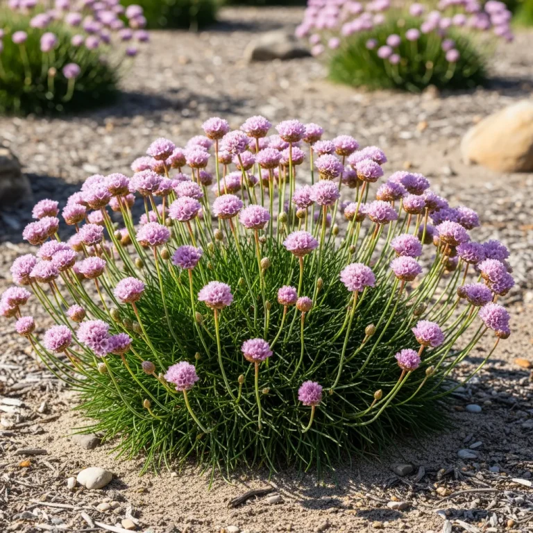 Boules roses d’armeria sur coussins verts au soleil