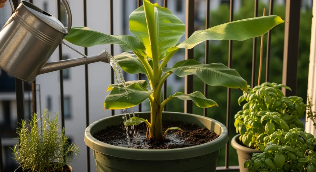 Arrosoir arrosant un grand pot de bananier en été