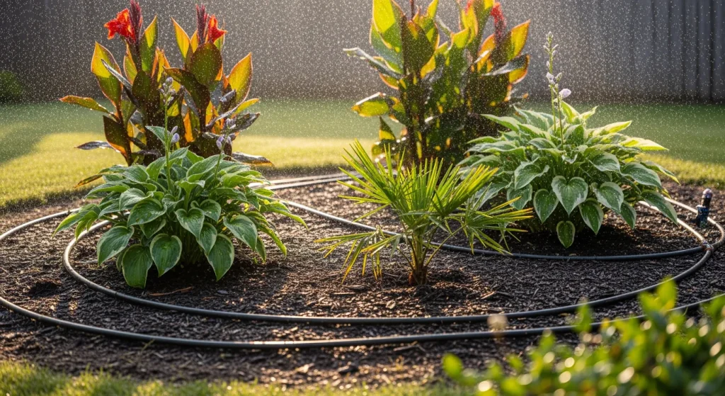 Tubes de goutte-à-goutte sur paillis autour de cannas et hostas