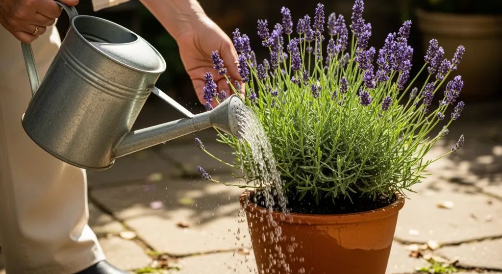 Arrosage d’une lavande en pot sans eau dans la soucoupe