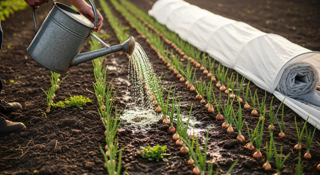 Arrosage modéré de jeunes oignons avec arrosoir métallique