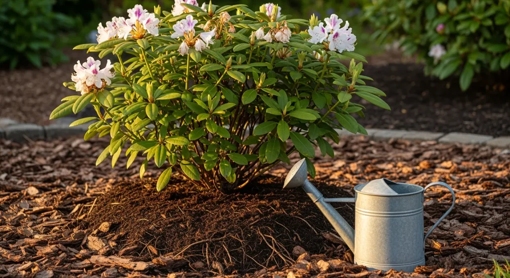 Arrosoir et paillage frais au pied d’un rhododendron taillé