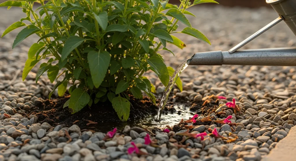 Arrosage profond au pied d’une sauge en paillage minéral