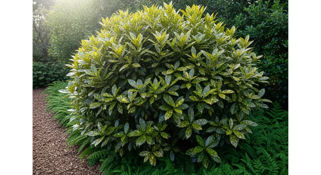Aucuba panaché en ombre, feuillage jaune et vert