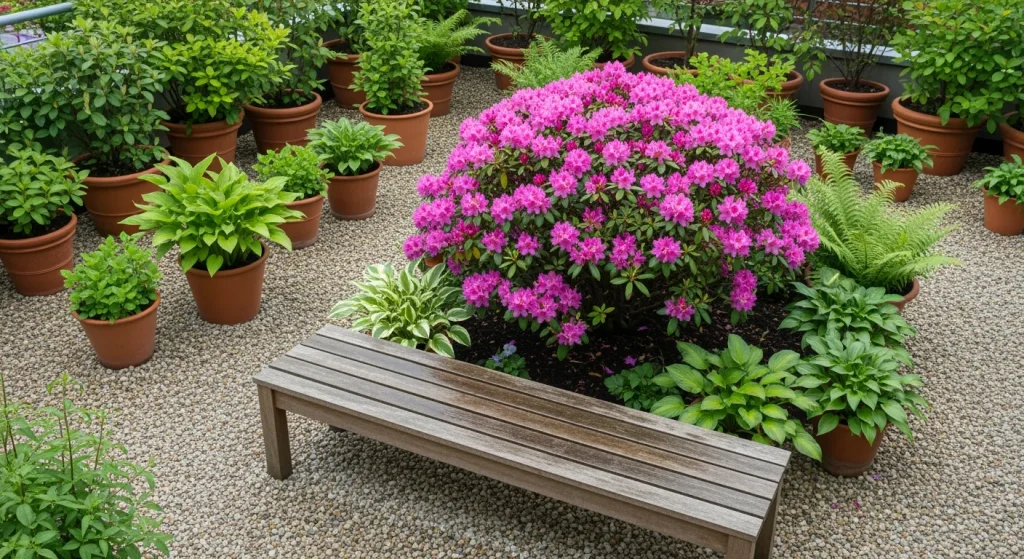 Azalée en pot fleurie sur terrasse en mi-ombre